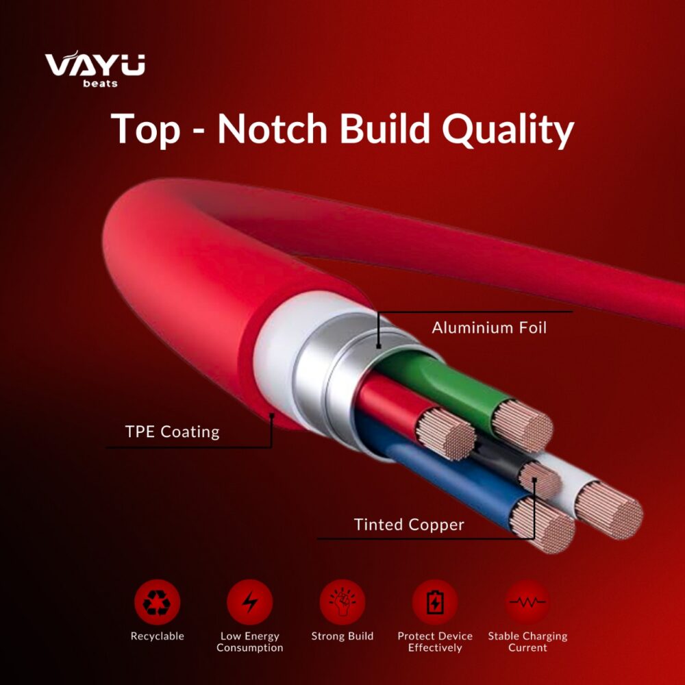 VAYU BEATS Type C 1 m C Cable  (Compatible with oppo, realme, narzo, oneplus, samsung, motorola, mi, poco, IQOO, REDMI, NOTHING, INFINIX, Iphone, Red, One Cable) - Image 3